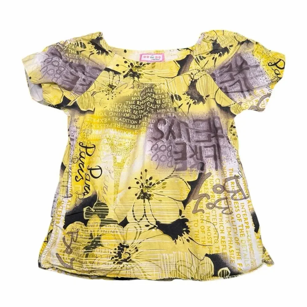 Koi by Kathy Peterson Yellow Y2K Abstract Floral Paris Graphic Blouse XS
